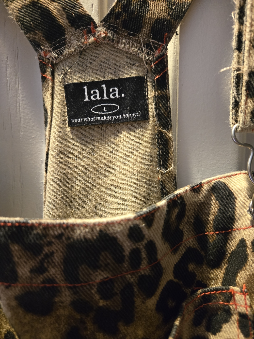 Dressed in LALA Leopard Print Overalls with Red Star Patches - Picture 3 of 3